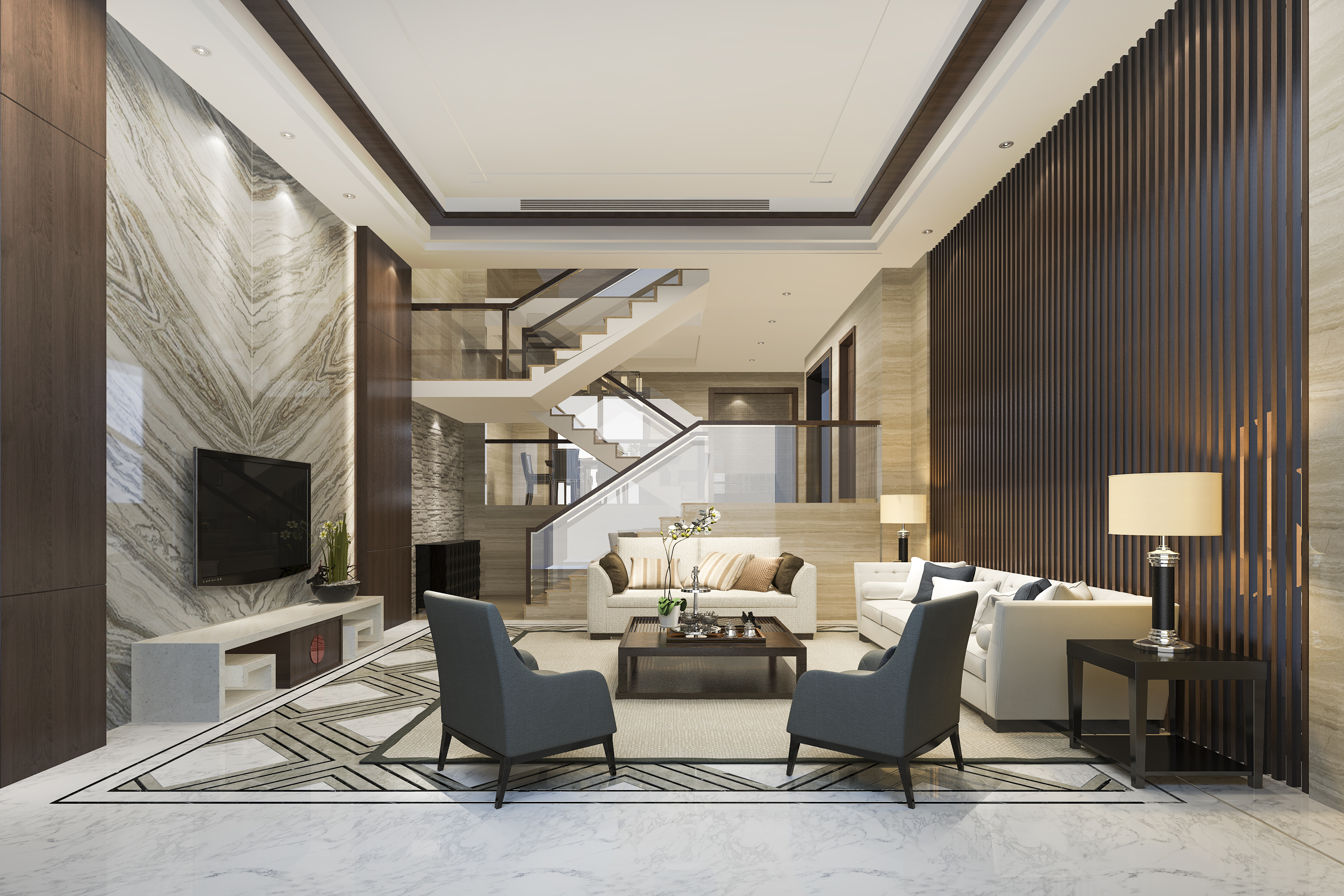 Modern living room interior with staircase design
